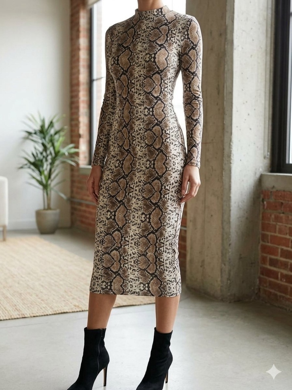 Long-Sleeve Snake-Print Bodycon Dress in Brown